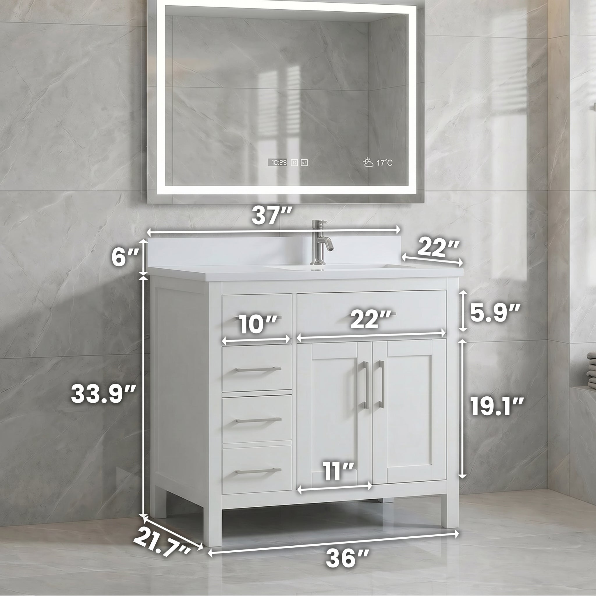 36" White Freestanding Bathroom Vanity with Engineered White Marble Countertop