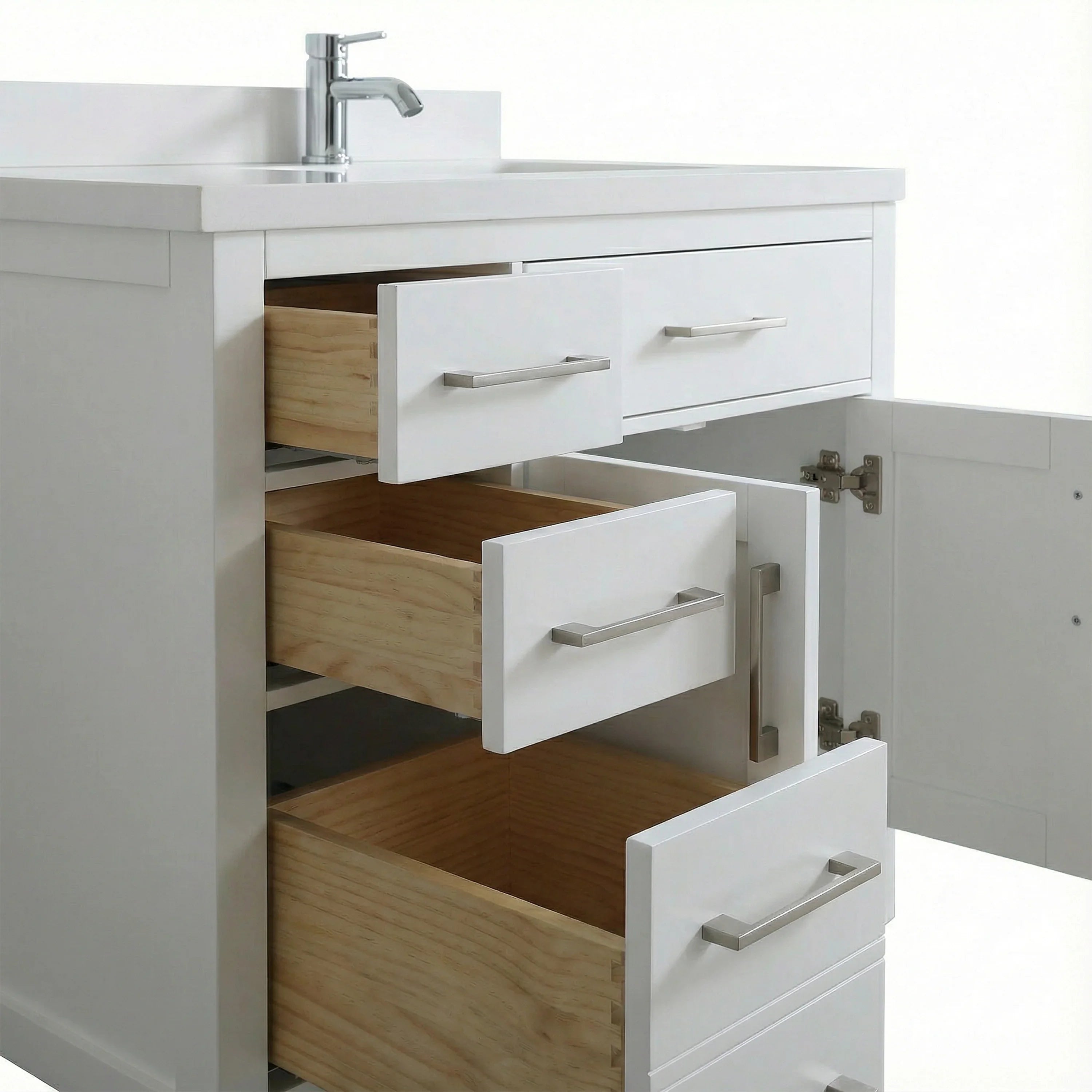 Meuble-lavabo autoportant blanc de 36 po avec comptoir en marbre blanc reconstitué