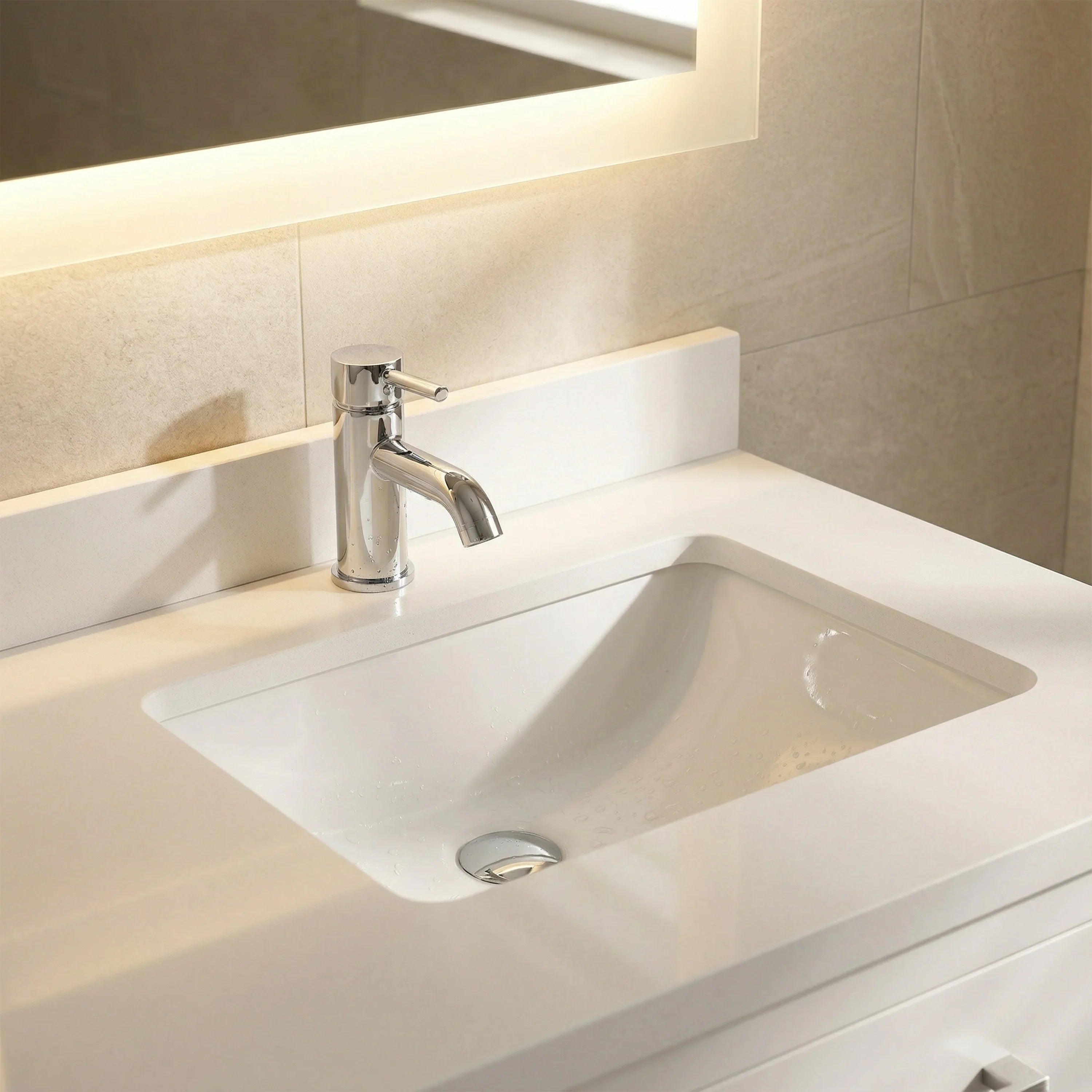 Meuble-lavabo autoportant blanc de 36 po avec comptoir en marbre blanc reconstitué
