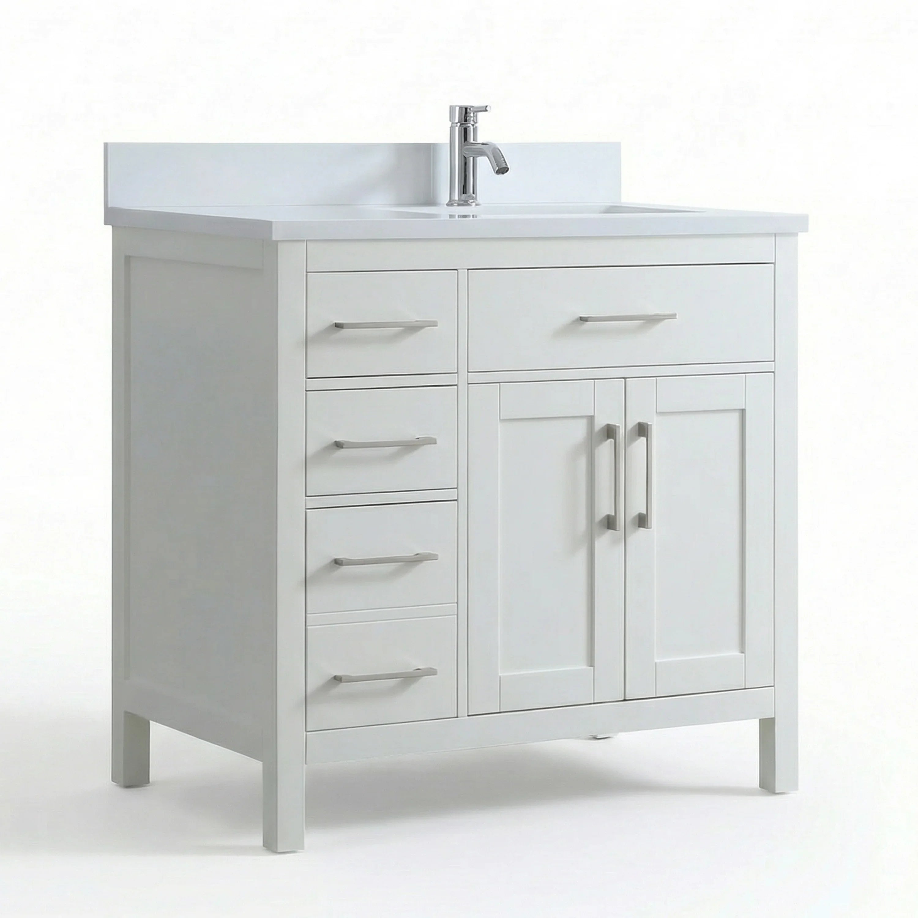 Meuble-lavabo autoportant blanc de 36 po avec comptoir en marbre blanc reconstitué