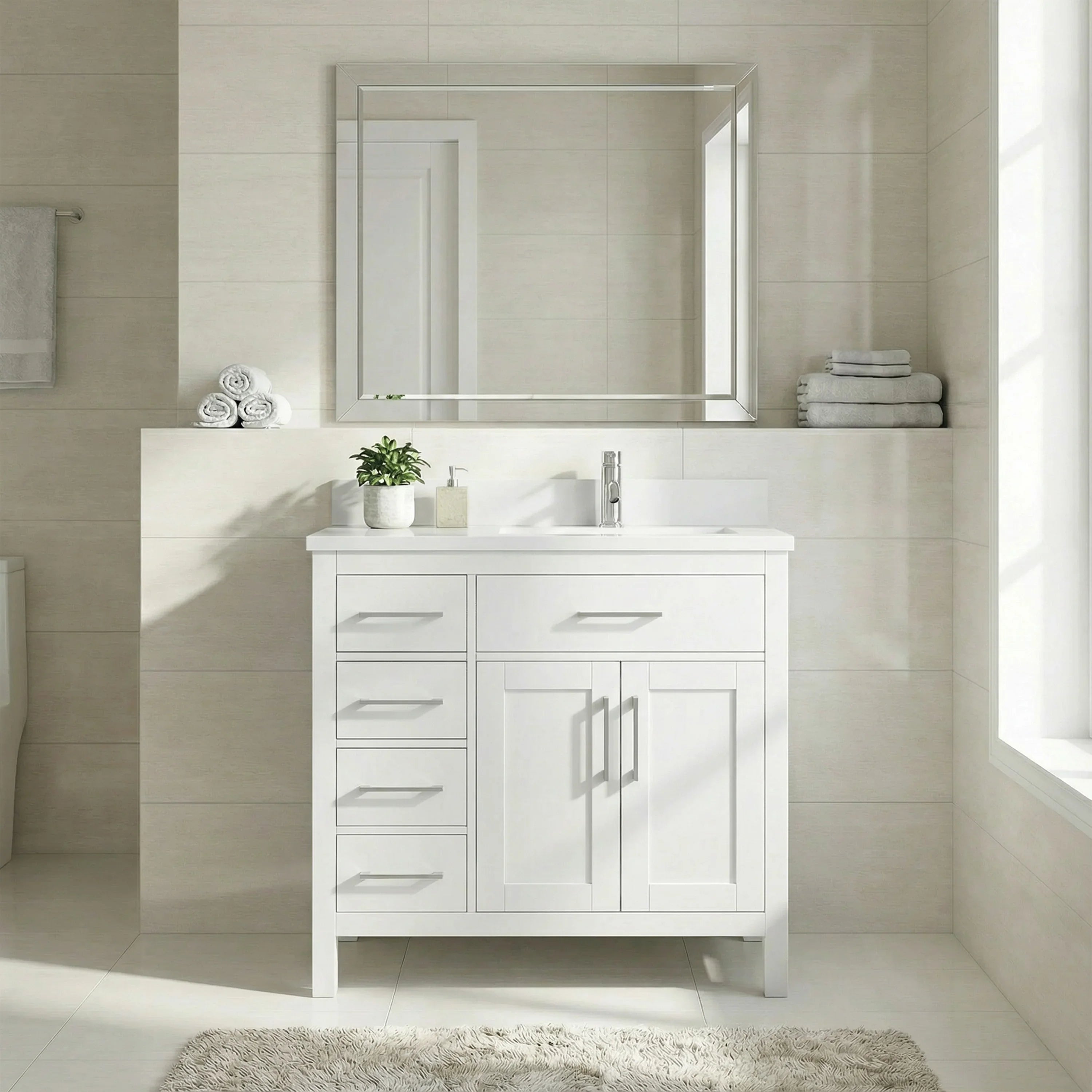 Meuble-lavabo autoportant blanc de 36 po avec comptoir en marbre blanc reconstitué