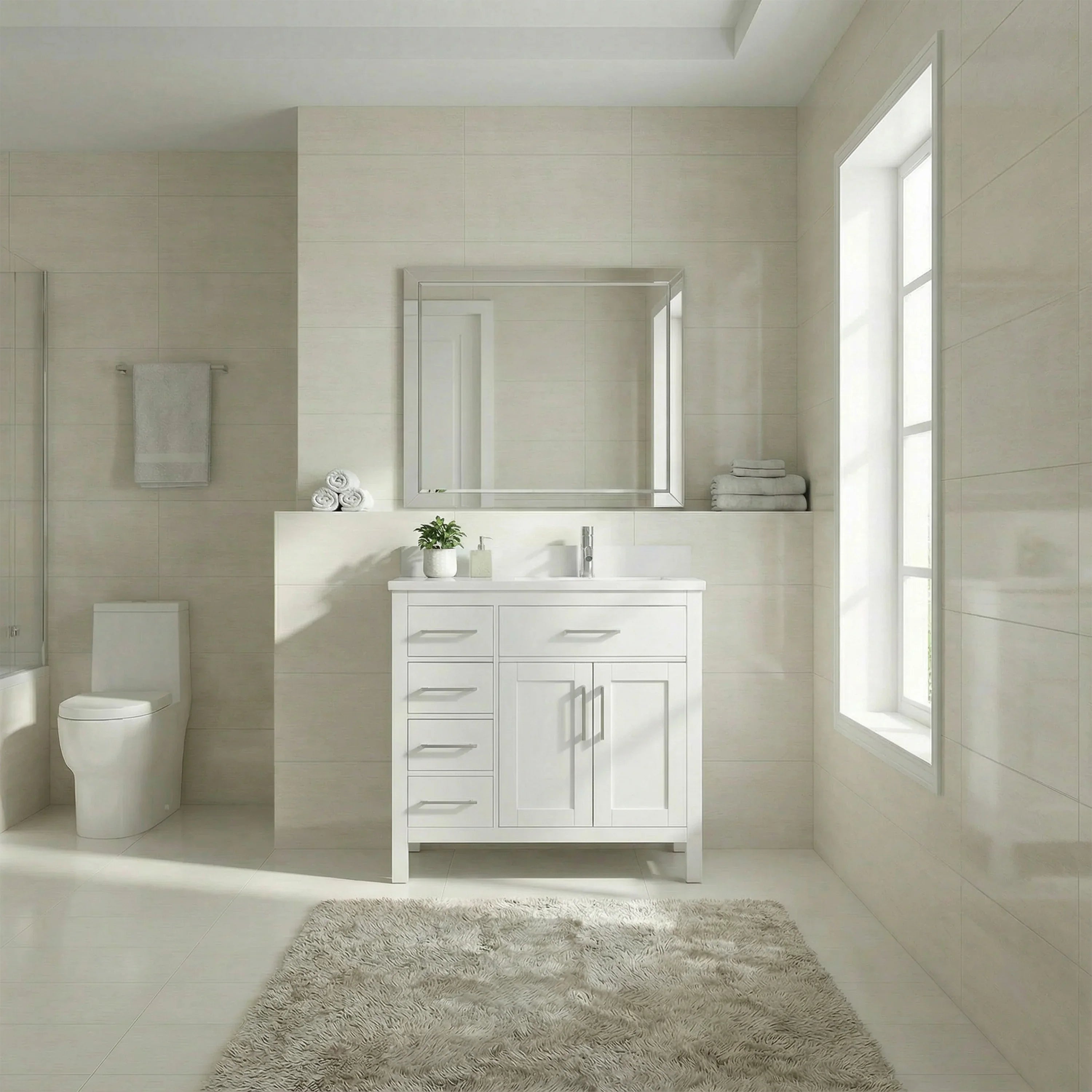 Meuble-lavabo autoportant blanc de 36 po avec comptoir en marbre blanc reconstitué