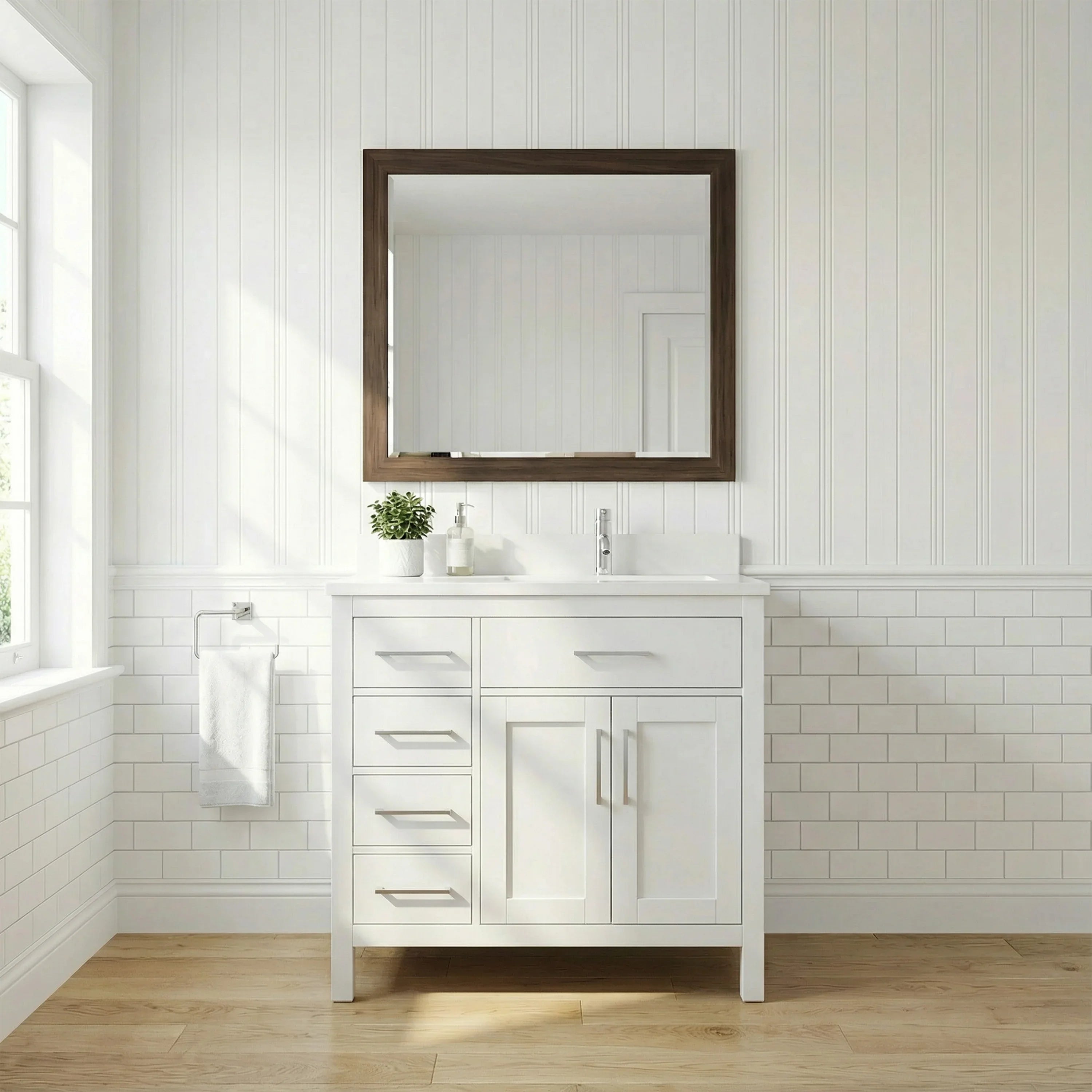 Meuble-lavabo autoportant blanc de 36 po avec comptoir en marbre blanc reconstitué