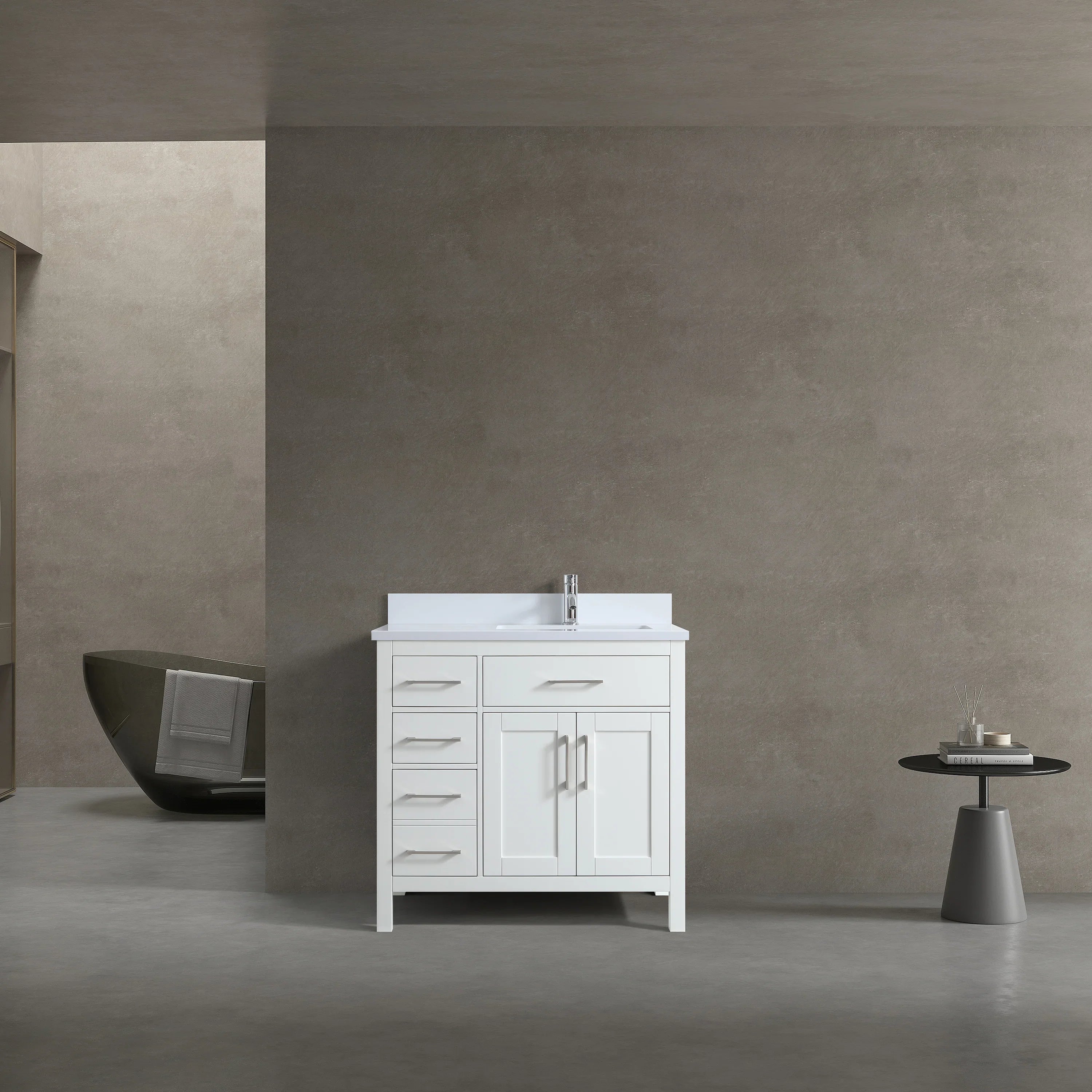 Meuble-lavabo autoportant blanc de 36 po avec comptoir en marbre blanc reconstitué