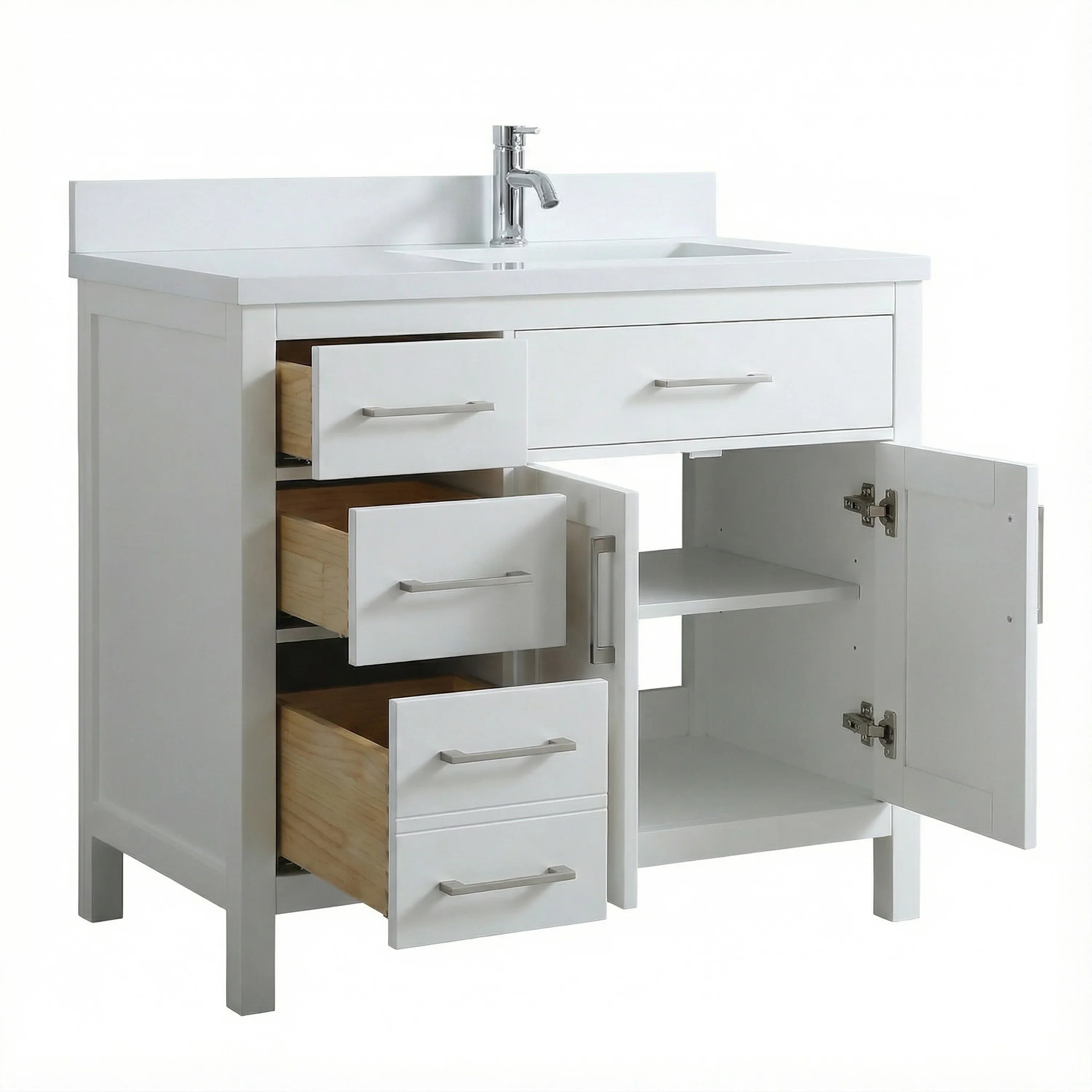Meuble-lavabo autoportant blanc de 36 po avec comptoir en marbre blanc reconstitué