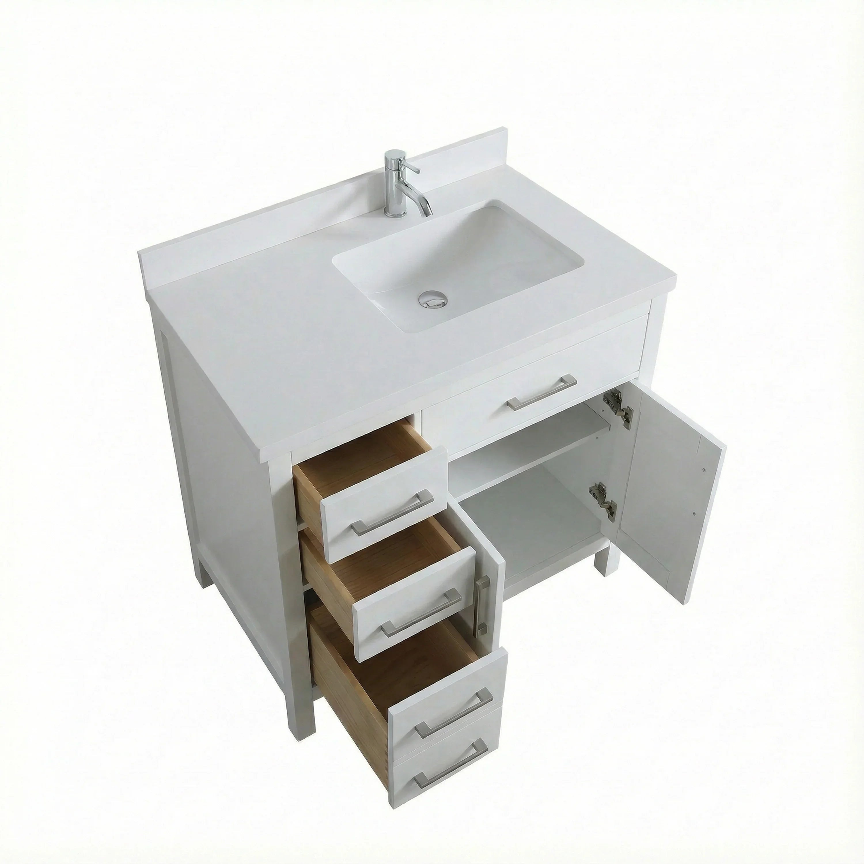 Meuble-lavabo autoportant blanc de 36 po avec comptoir en marbre blanc reconstitué