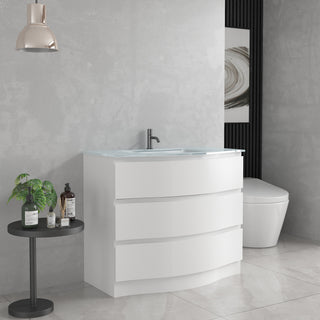 Meuble-Lavabo Autoportant 36po Blanc Mat avec Comptoir de Verre Blanc