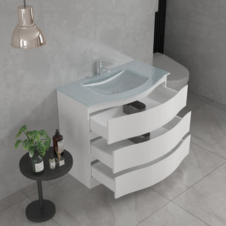 Meuble-Lavabo Autoportant 36po Blanc Mat avec Comptoir de Verre Blanc