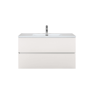 36" White Wall Mount Single Sink Bathroom Vanity with White Polymarble Countertop