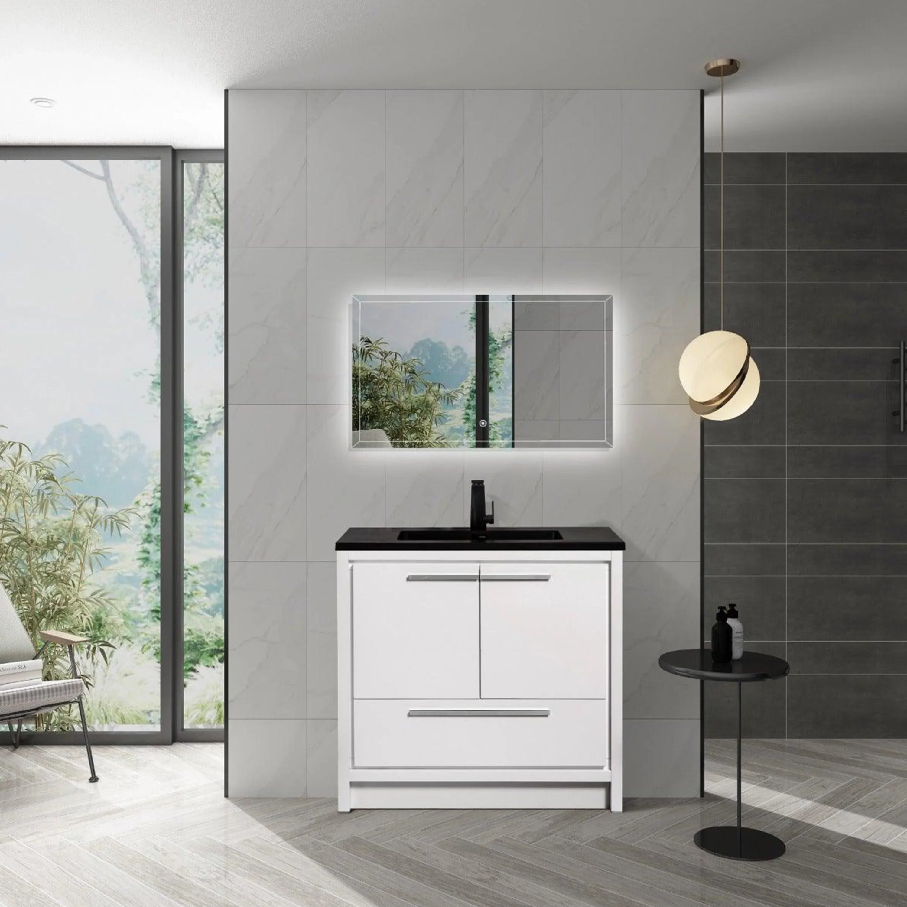 36" Glossy White Freestanding Bathroom Vanity with Black Engineered Quartz Countertop