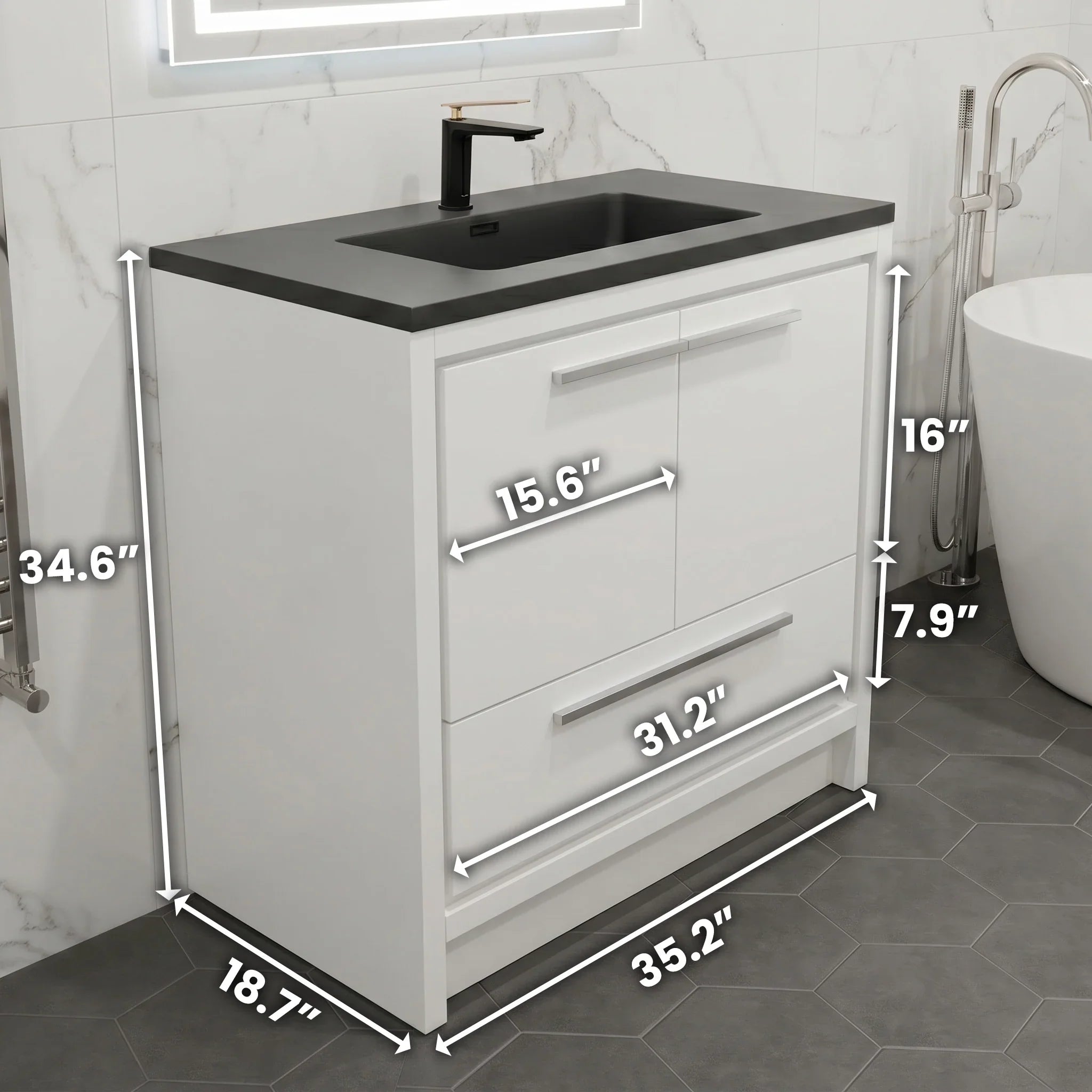 Meuble-Lavabo Autoportant 36po Blanc Brillant avec Comptoir de Quartz d'ingénierie Noir