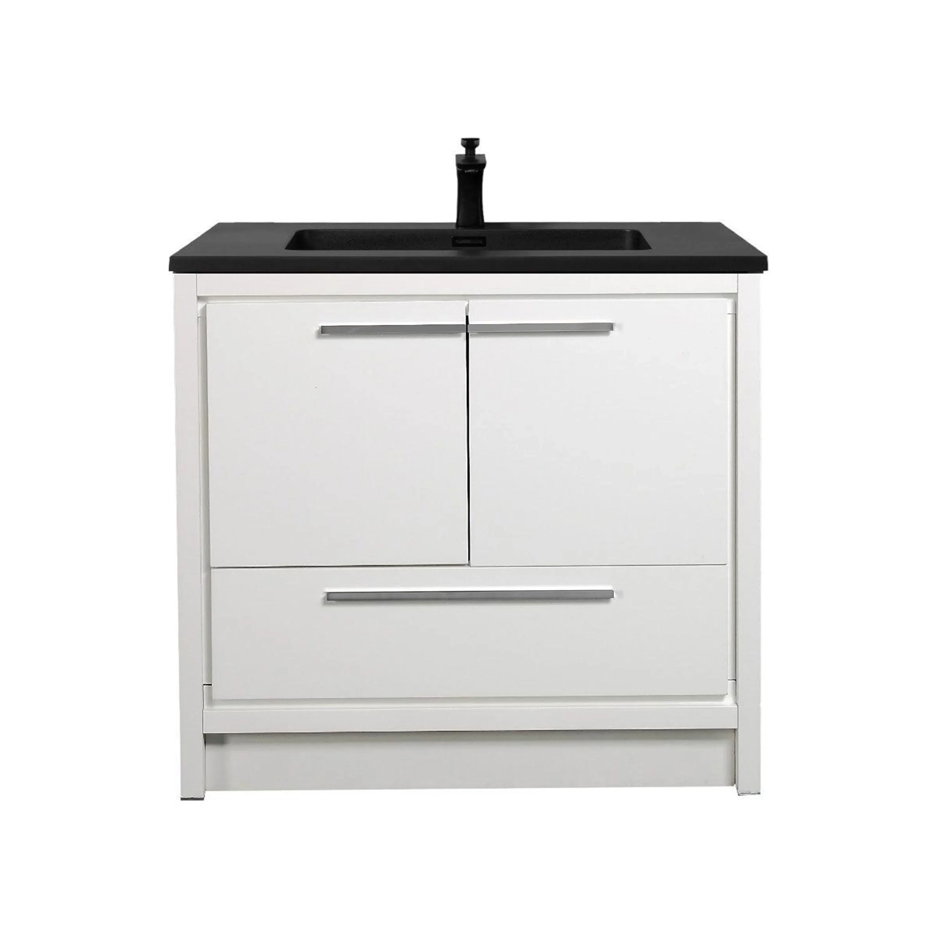 36" Glossy White Freestanding Bathroom Vanity with Black Engineered Quartz Countertop