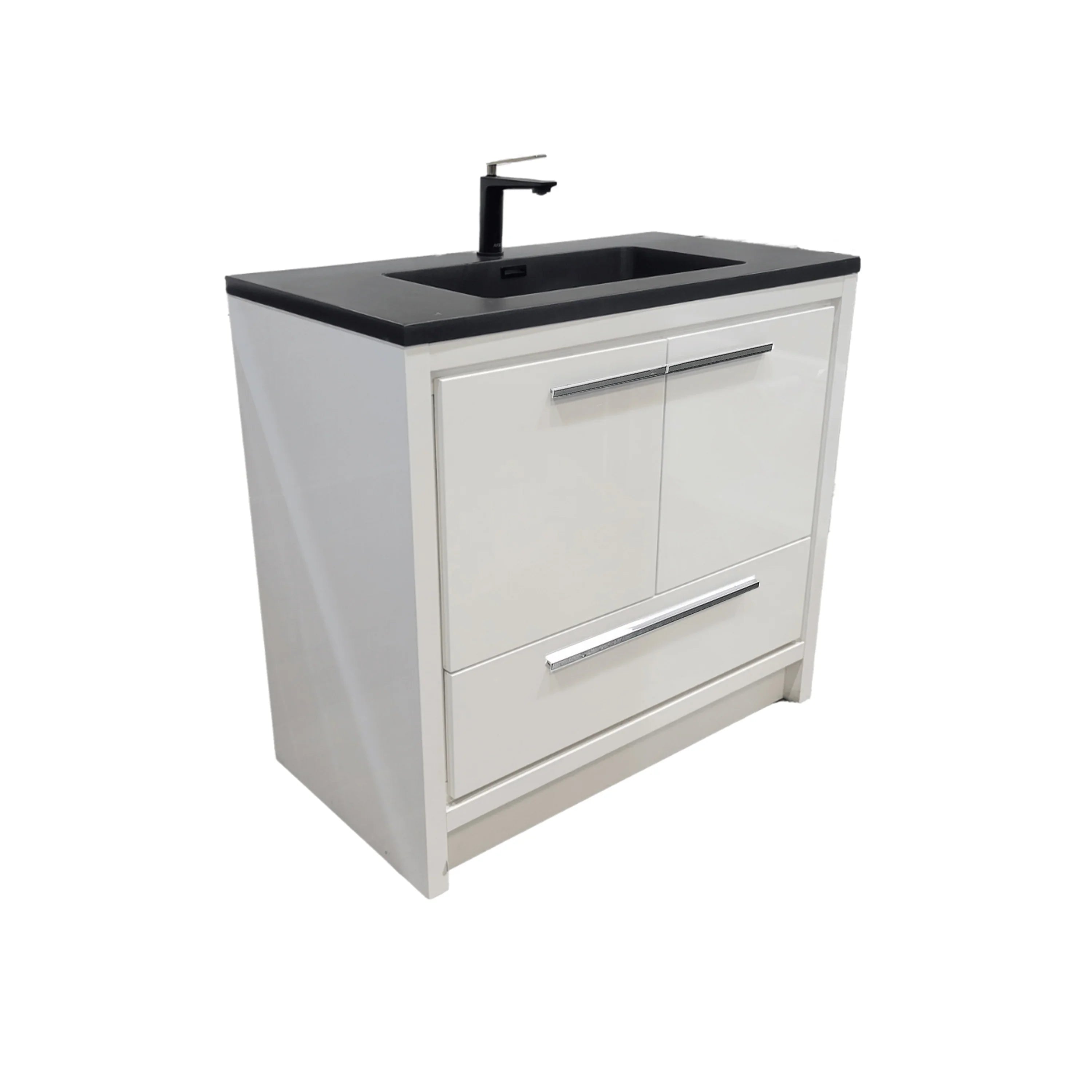 36" Glossy White Freestanding Bathroom Vanity with Black Engineered Quartz Countertop