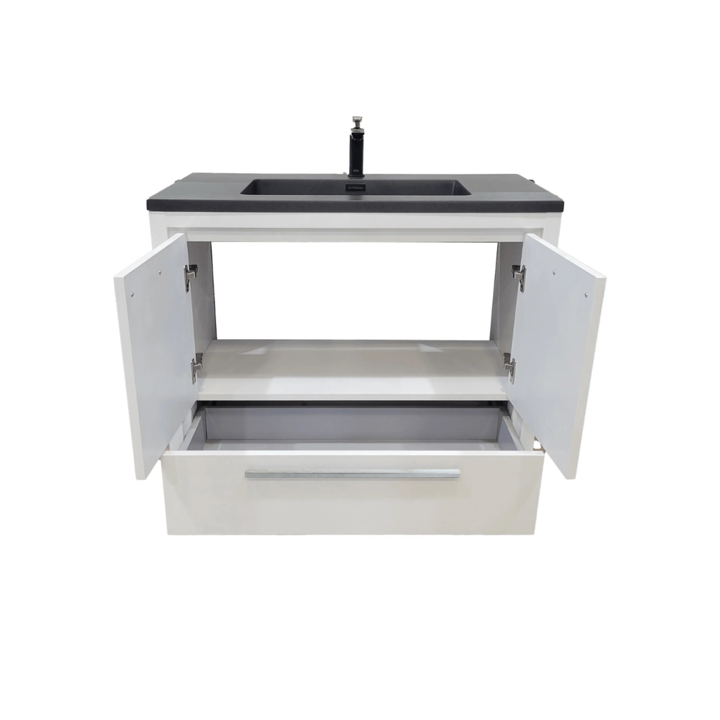 36" Glossy White Freestanding Bathroom Vanity with Black Engineered Quartz Countertop