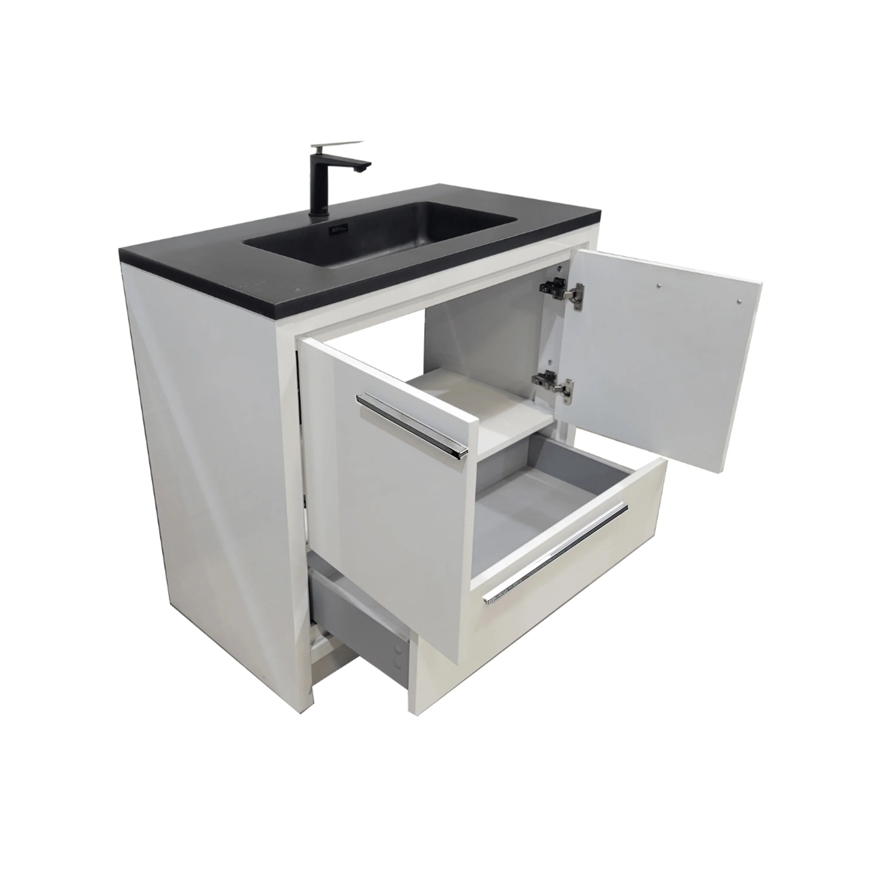 36" Glossy White Freestanding Bathroom Vanity with Black Engineered Quartz Countertop