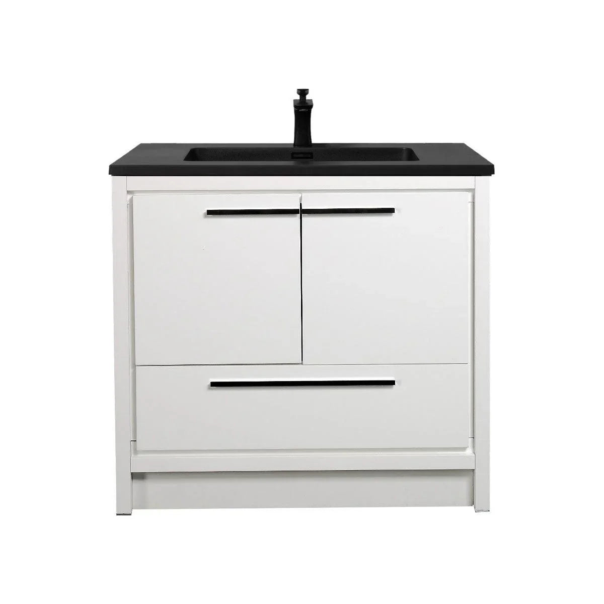 36" Glossy White Freestanding Bathroom Vanity with Black Engineered Quartz Countertop
