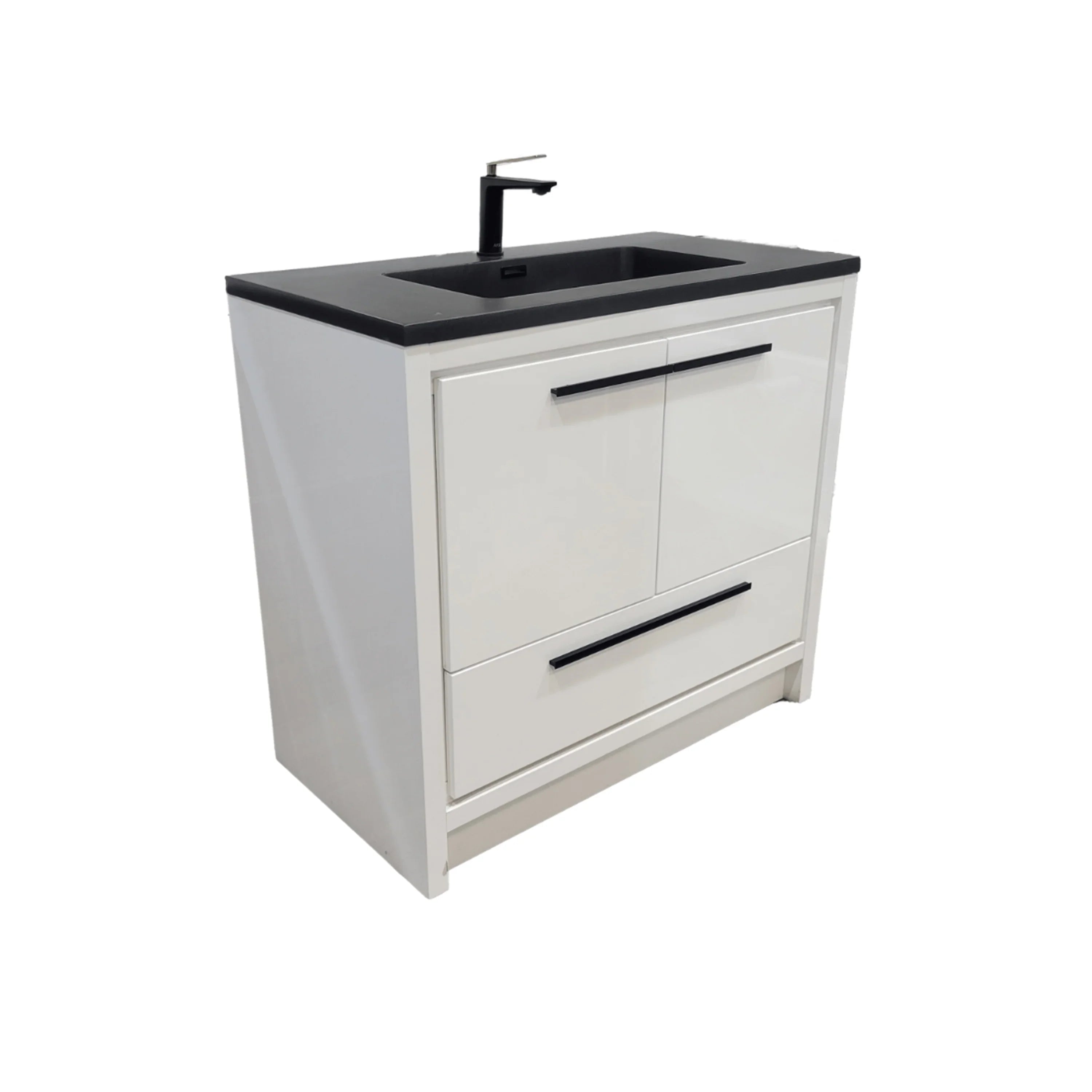 36" Glossy White Freestanding Bathroom Vanity with Black Engineered Quartz Countertop