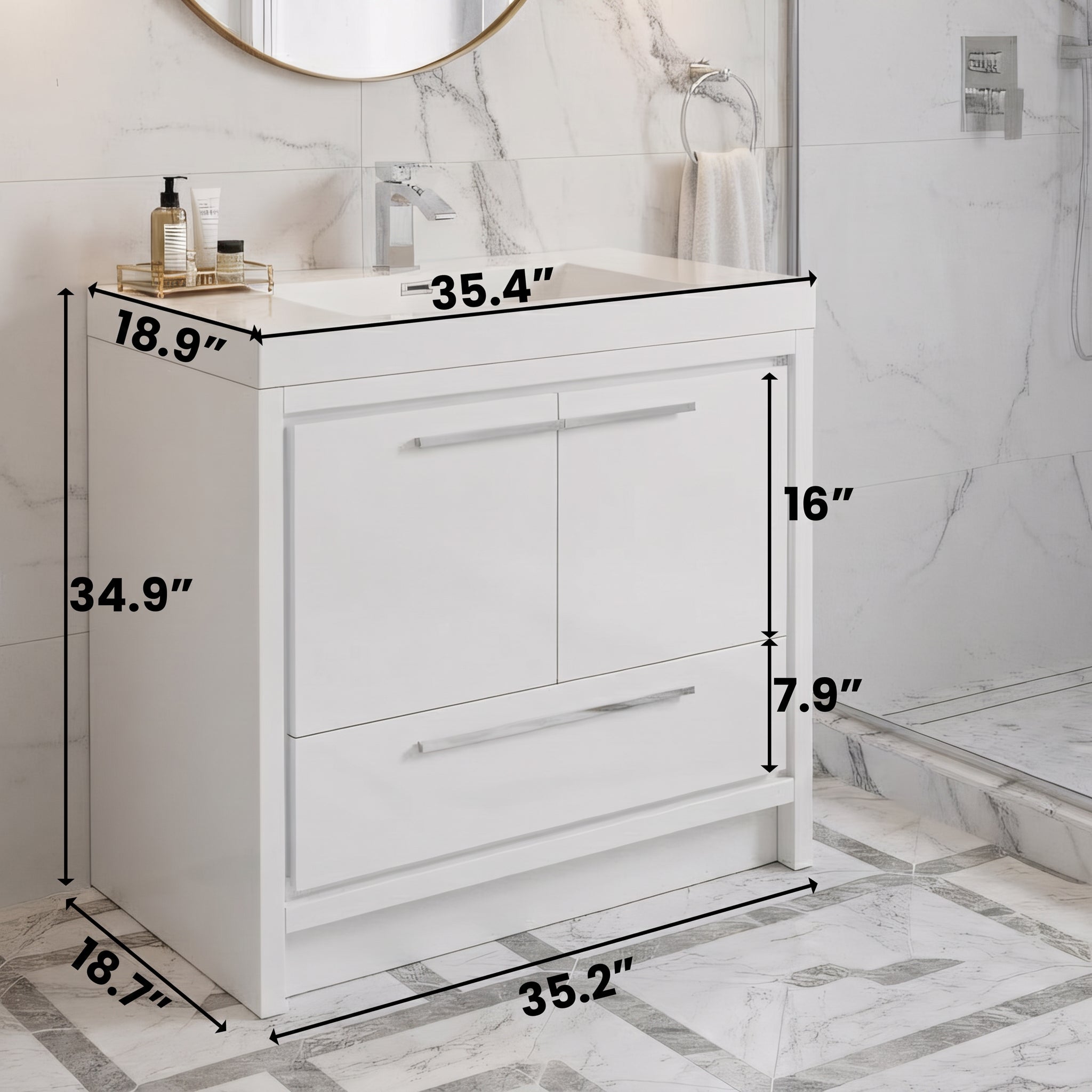 36" Glossy White Freestanding Bathroom Vanity with White Polymarble Countertop