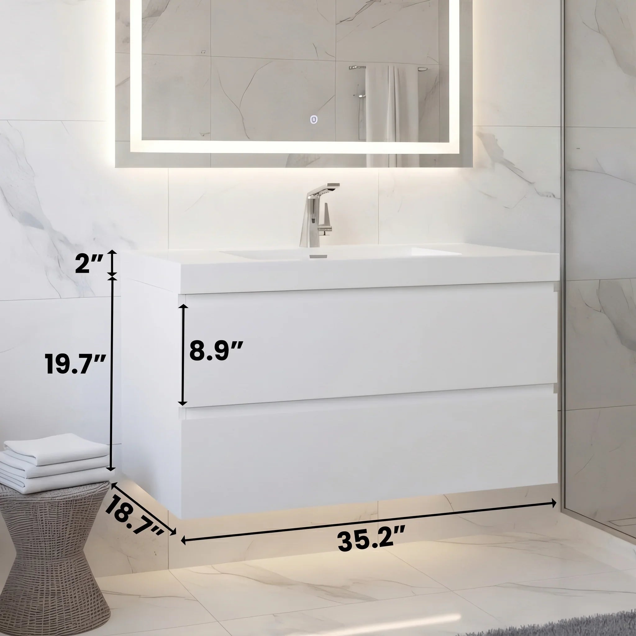 36" Glossy White Wall Mount Bathroom Vanity with White Polymarble Countertop