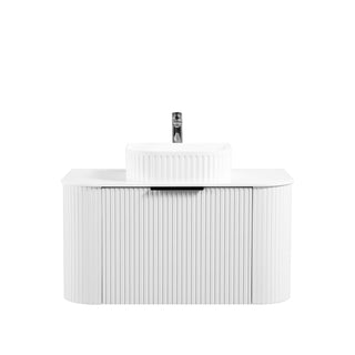 36" Matte White Wall Mount Single Sink Curved Fluted Bathroom Vanity with White Solid Surface Countertop and Basin