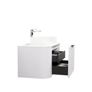 Meuble-Lavabo Mural 36po Blanc Mat Cannelé Incurvé avec Comptoir de Granit Blanc et Lavabo à Surface Solide