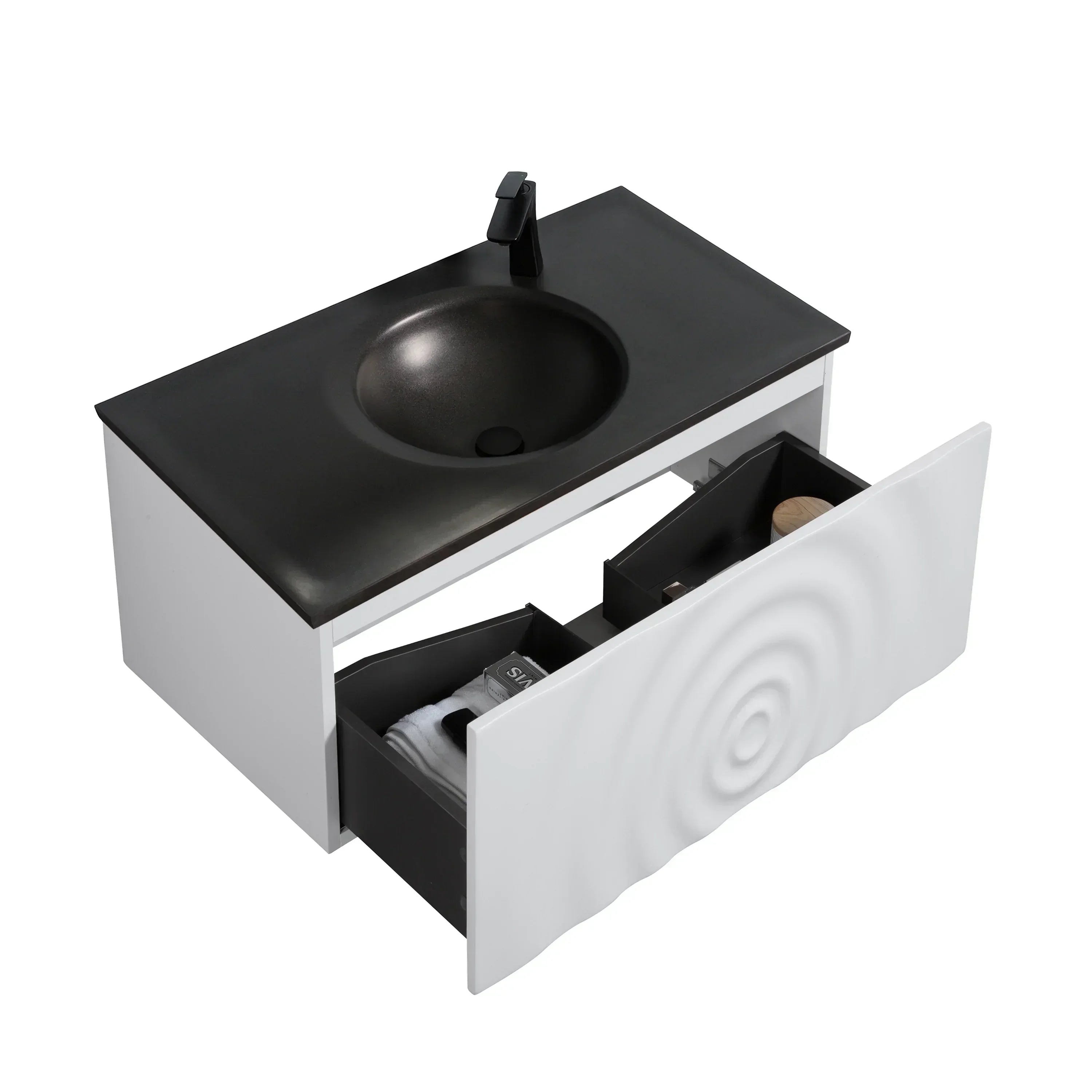 Meuble-Lavabo Mural 36po Blanc Mat avec Comptoir de Quartz d'ingénierie Noir