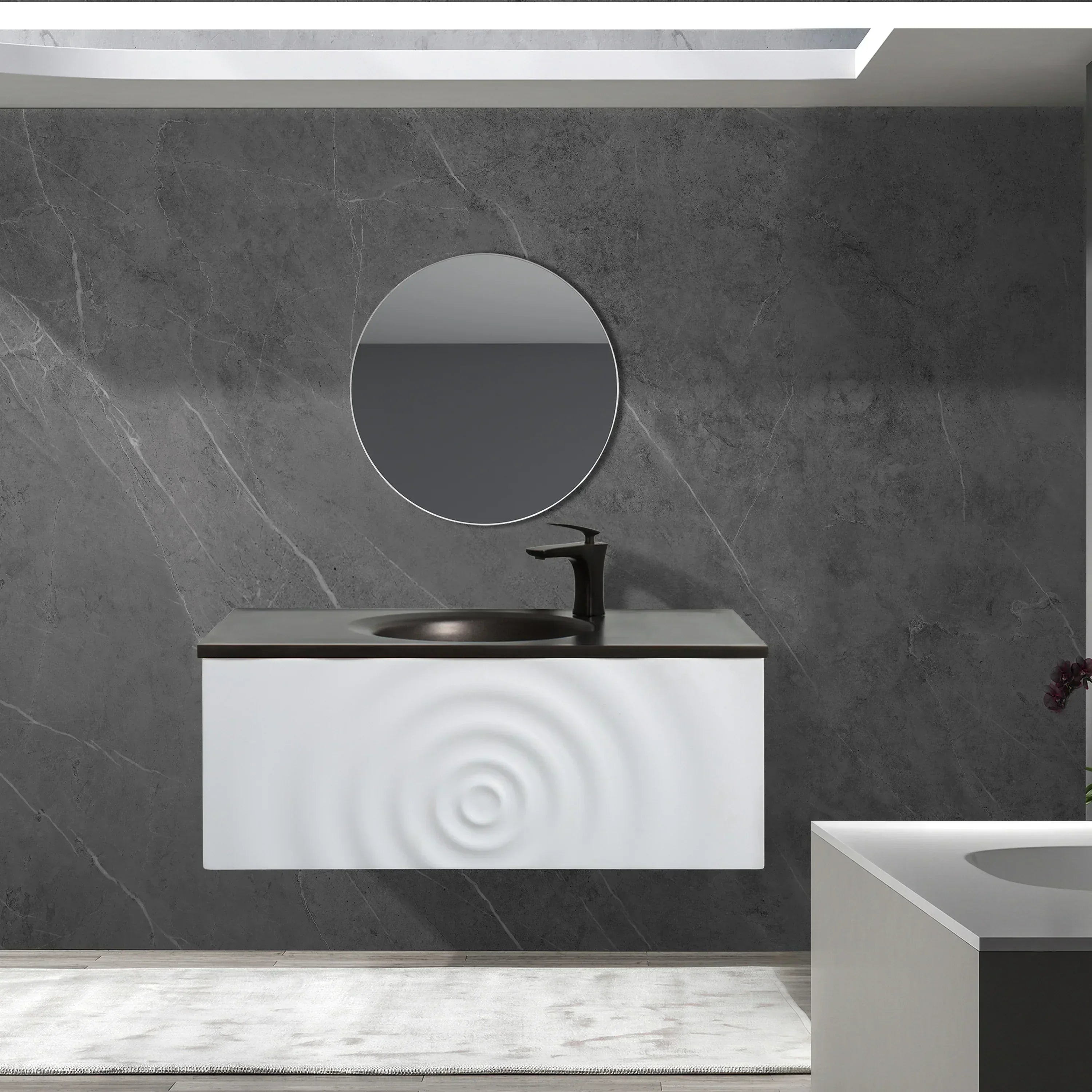 Meuble-Lavabo Mural 36po Blanc Mat avec Comptoir de Quartz d'ingénierie Noir