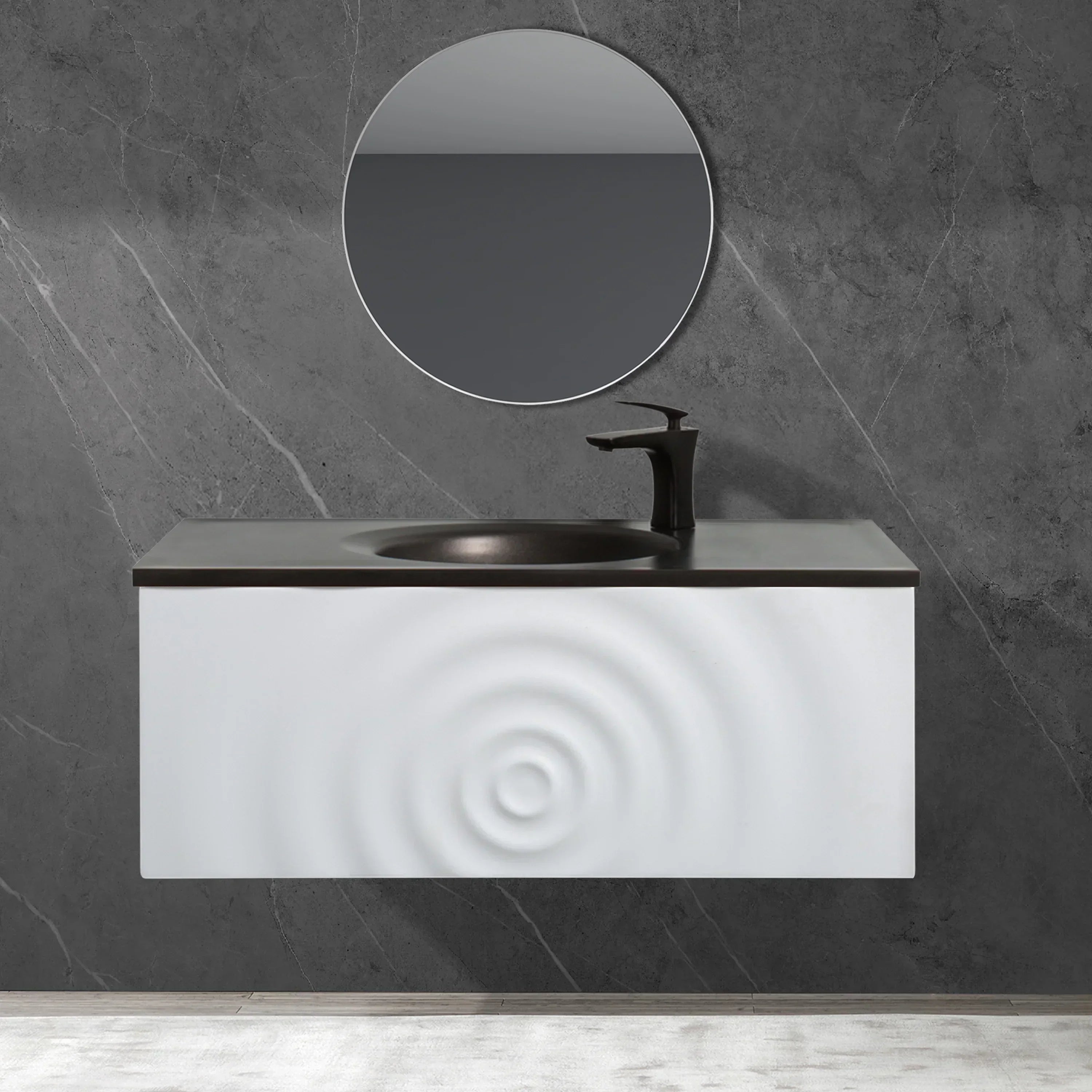Meuble-Lavabo Mural 36po Blanc Mat avec Comptoir de Quartz d'ingénierie Noir