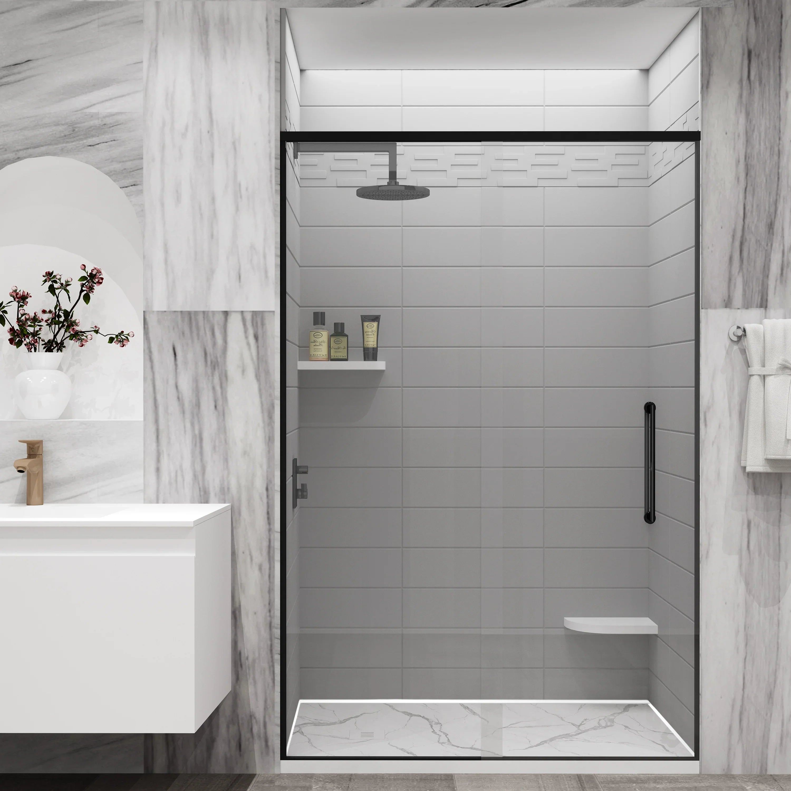 Rebord Mural 36po en Surface Solide Blanche pour Base de Douche