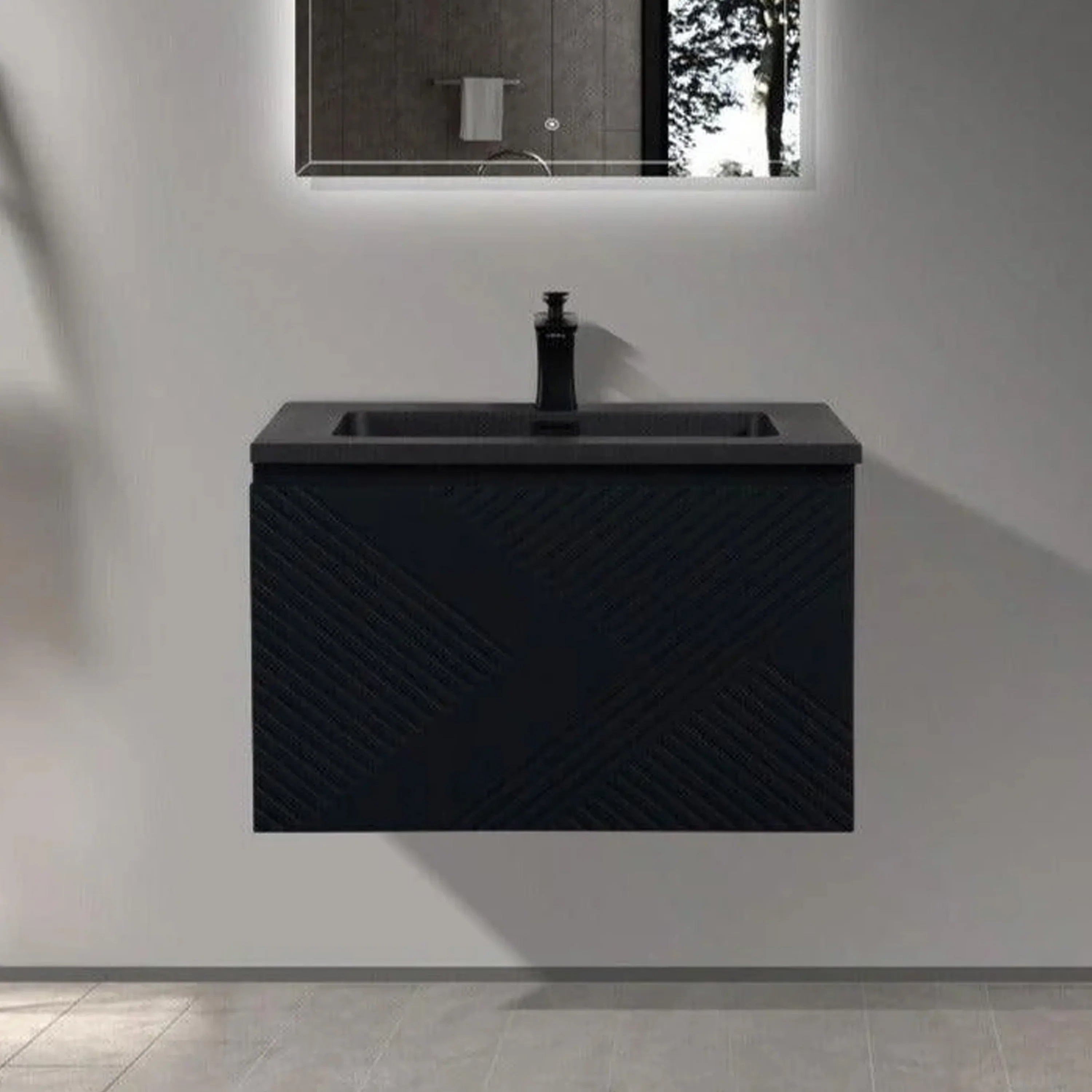 36" Black Wall Mount Bathroom Vanity with Black Engineered Quartz Countertop Roxboro