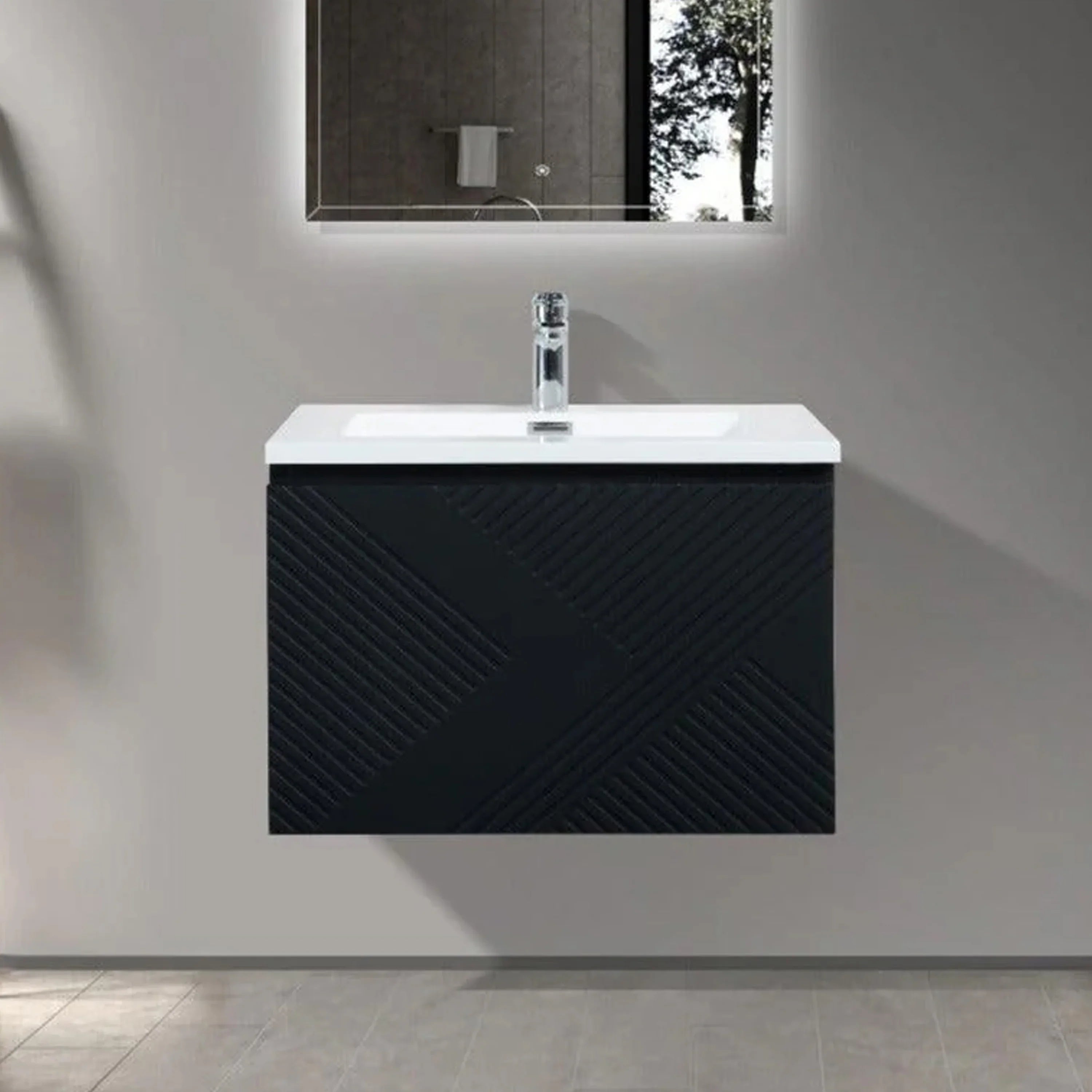 Meuble-Lavabo Mural 36po Noir avec Comptoir en Polymarbre Blanc