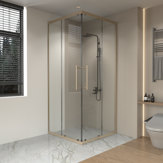 36" x 36" x 79" Reversible Corner Sliding Shower Door in Brushed Gold with Clear Glass