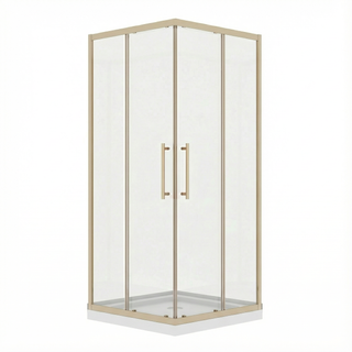 36 po x 36 po x 79 po Porte de Douche Or Brossé coulissant au coin Réversible avec Verre Clair et 36 po x 36 po Base de Douche en Acrylique Blanc Brillant avec Drain au Coin