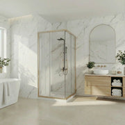 Porte de douche coin coulissante 36po x 36po or brossé avec base acrylique blanche