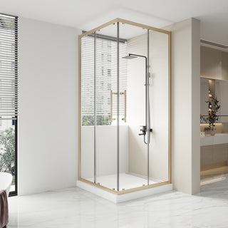 36 po x 36 po x 79 po Porte de Douche Or Brossé coulissant au coin Réversible avec Verre Clair