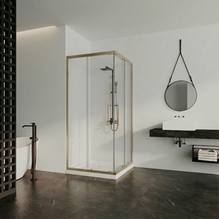 36 po x 36 po x 79 po Porte de Douche Or Brossé coulissant au coin Réversible avec Verre Clair et 36 po x 36 po Base de Douche en Acrylique Blanc Brillant avec Drain au Coin