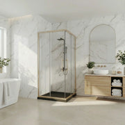 Porte de douche coin coulissante or brossé 36po x 36po avec base acrylique noire brillante