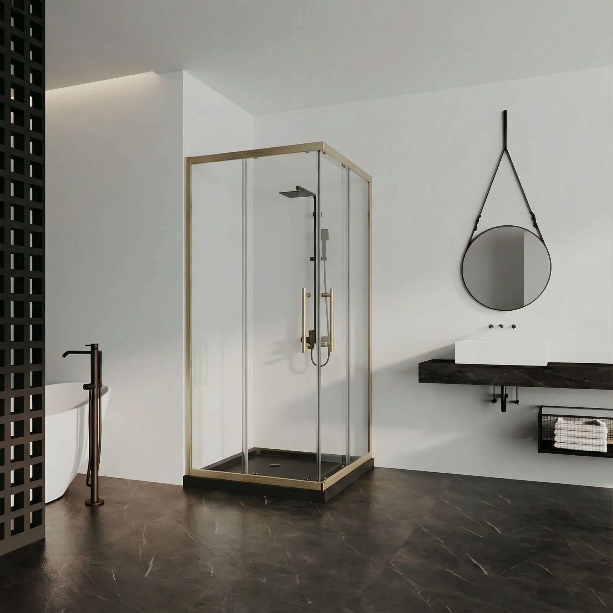 Porte de douche coin coulissante or brossé 36po x 36po avec base acrylique noire brillante