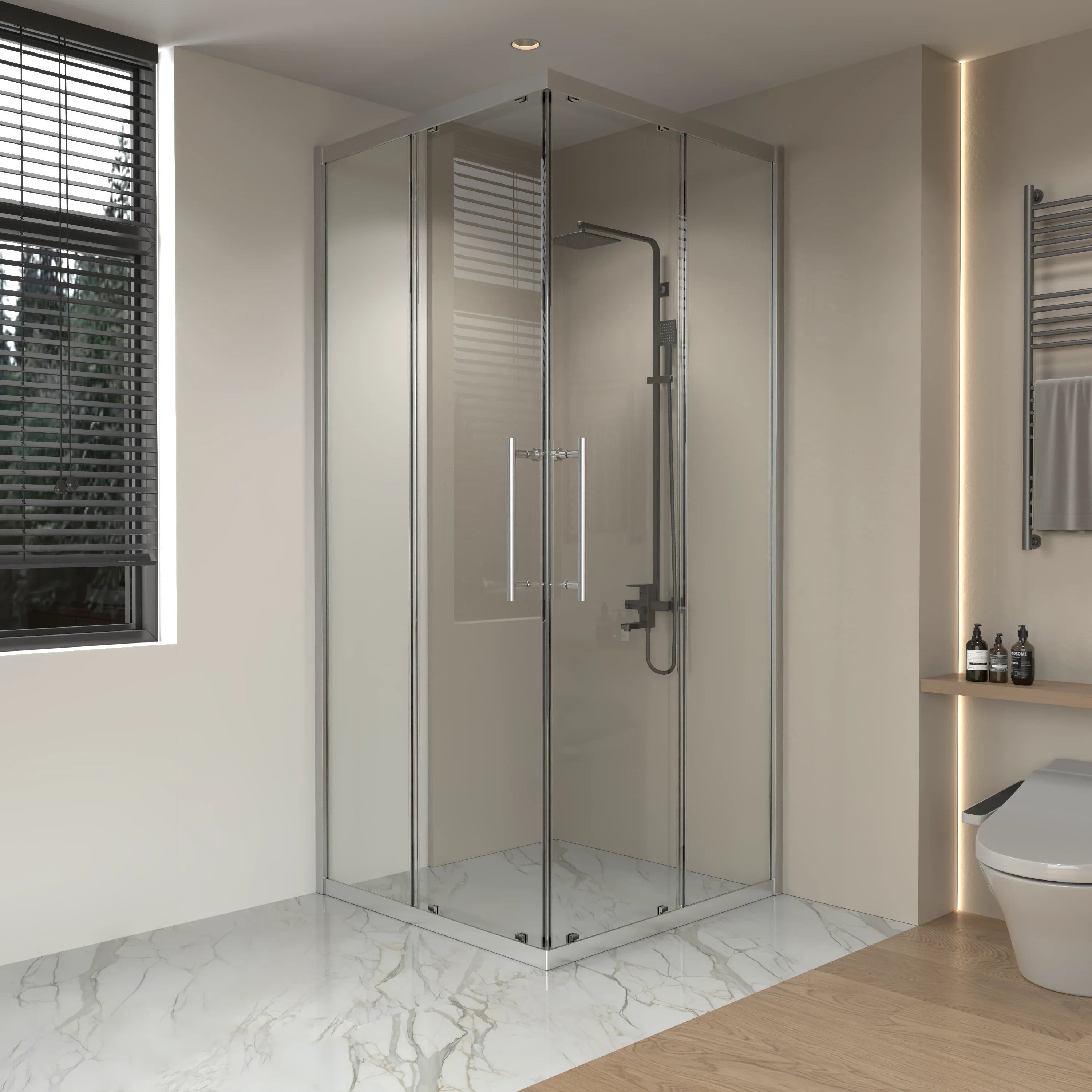 Porte de douche coin coulissante 36po x 36po x 79po chromée avec verre trempé clair