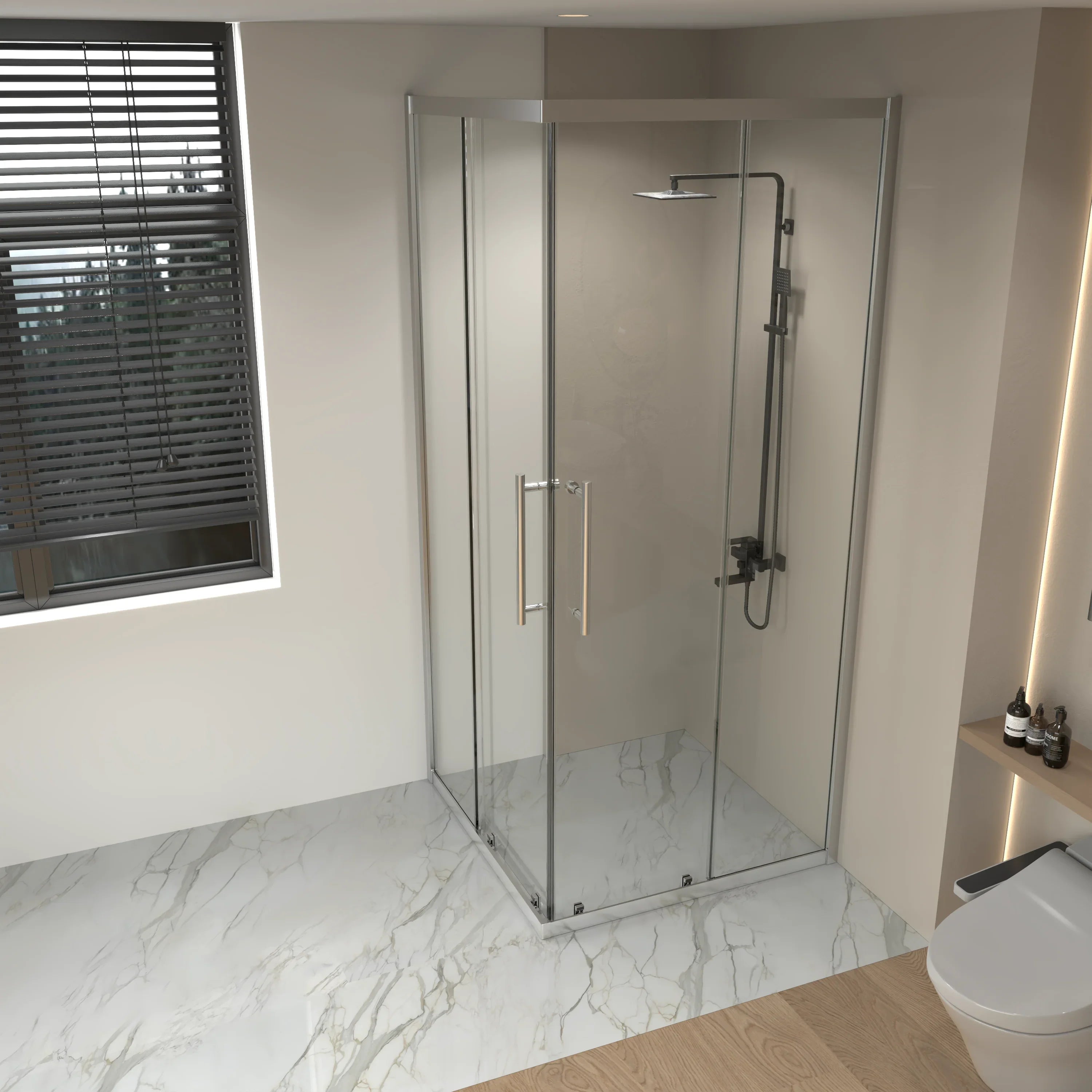 Porte de douche coin coulissante 36po x 36po x 79po chromée avec verre trempé clair