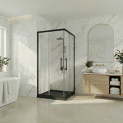 Porte de douche coin coulissante 36po x 36po noir mat réversible avec base acrylique noire brillante