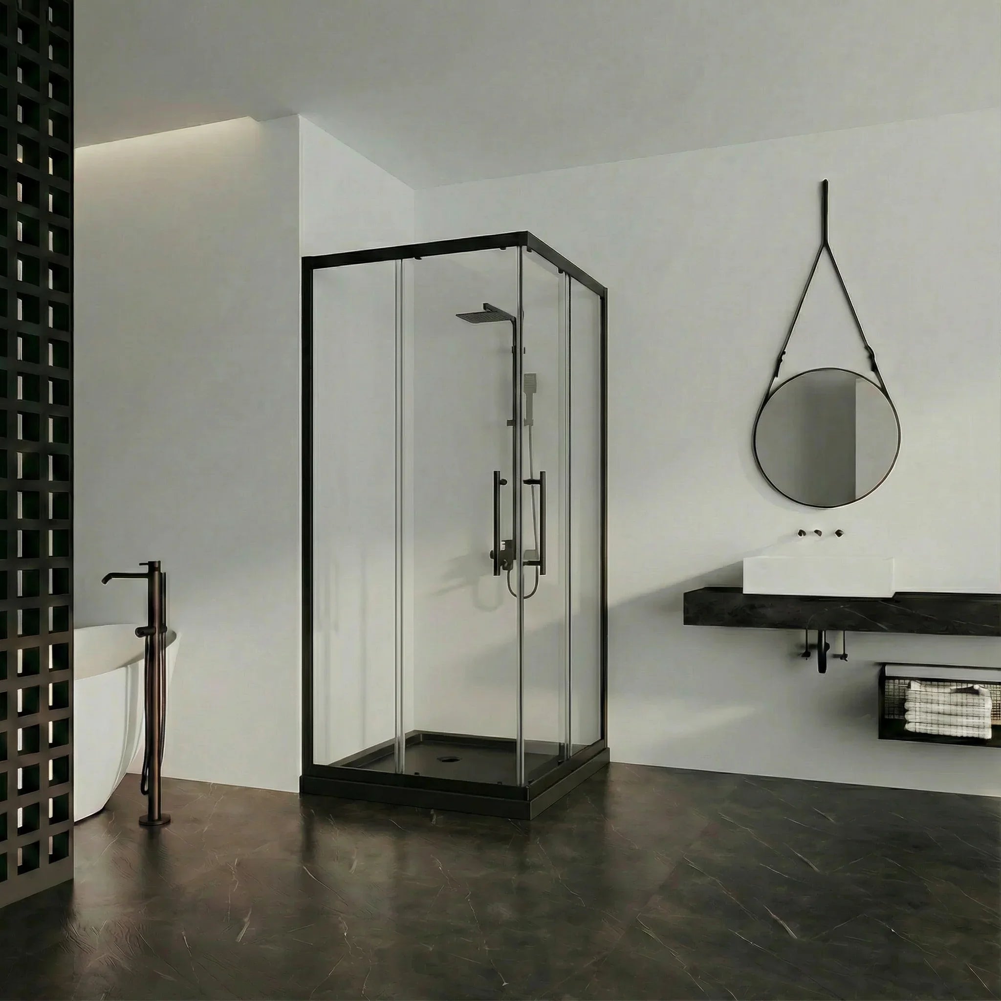 Porte de douche coin coulissante 36po x 36po noir mat réversible avec base acrylique noire brillante