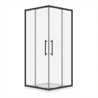 36" x 36" x 79" Reversible Corner Sliding Shower Door in Matte Black with Clear Glass and 36" x 36" Glossy White Acrylic Shower Base with Corner Drain