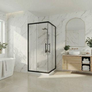 36 po x 36 po x 79 po Porte de Douche Noir Mat coulissant au coin Réversible avec Verre Clair et 36 po x 36 po Base de Douche en Acrylique Blanc Brillant avec Drain au Coin