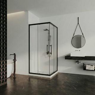 36" x 36" x 79" Reversible Corner Sliding Shower Door in Matte Black with Clear Glass and 36" x 36" Glossy White Acrylic Shower Base with Corner Drain