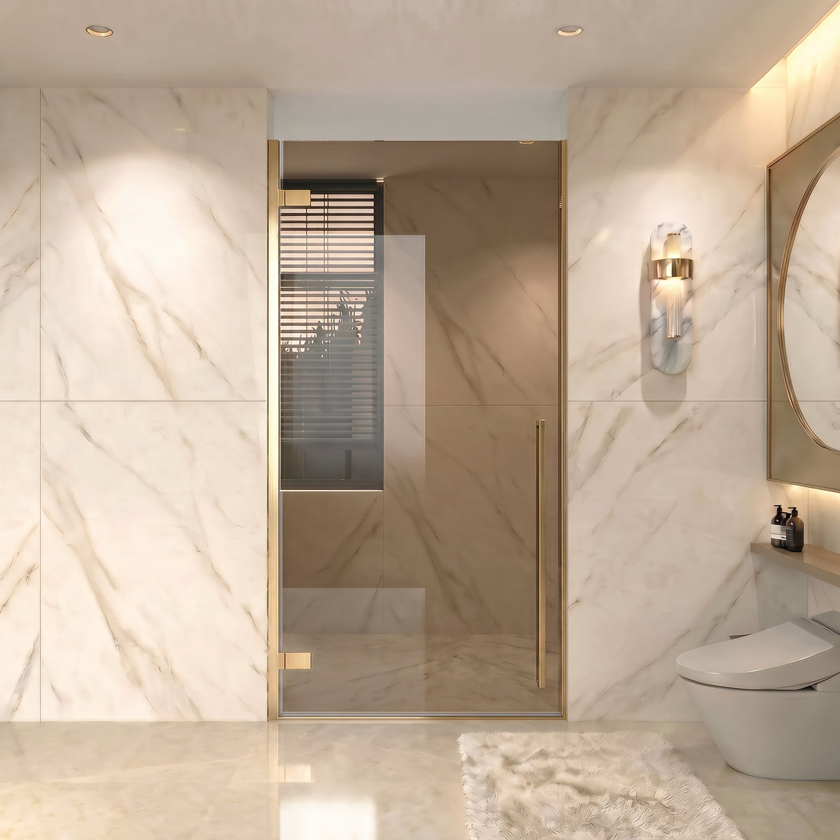 33,9po–34,3po L (largeur ajustable) x 79po H Porte de douche pivotante réversible sans cadre en or brossé avec verre brun teinté