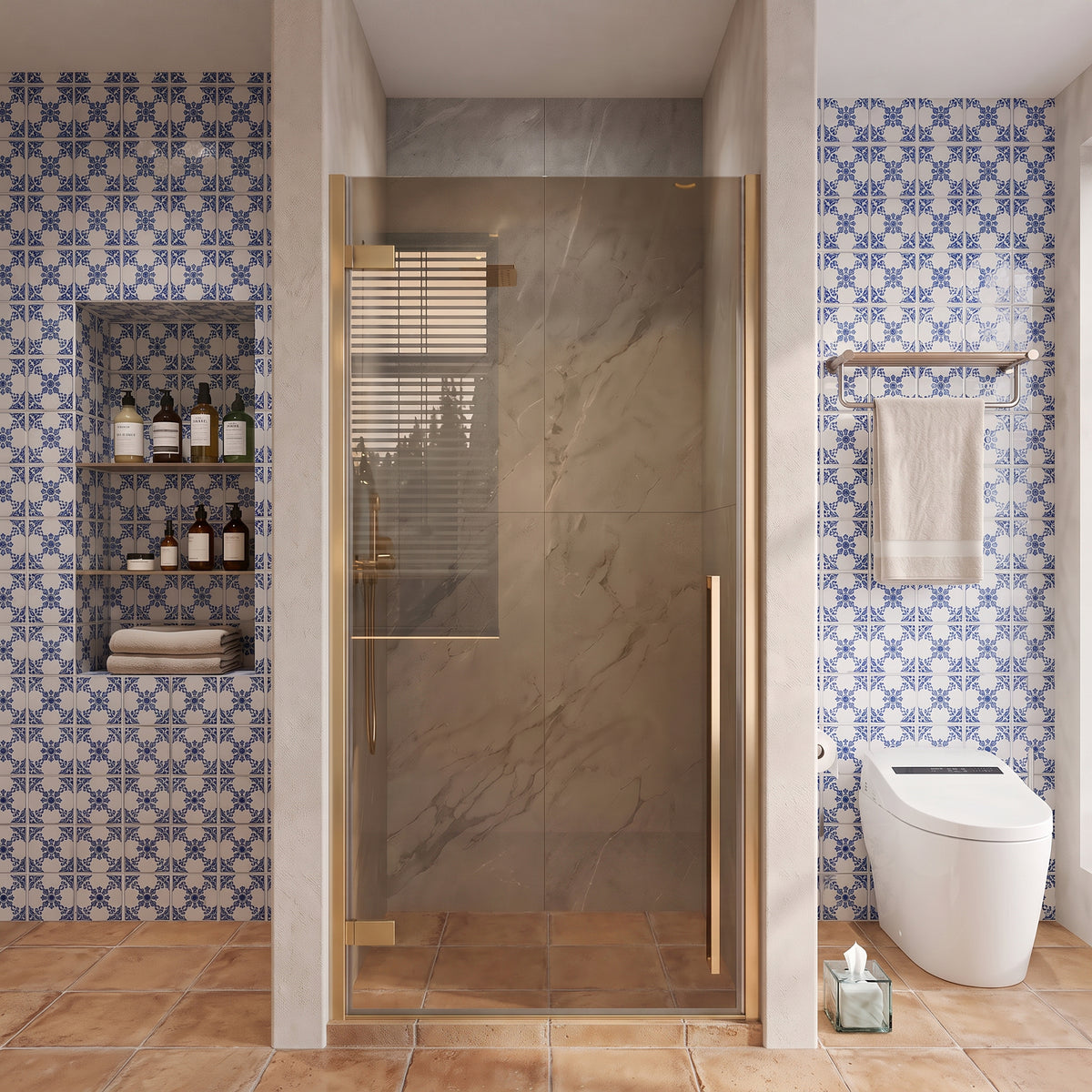 33,9po–34,3po L (largeur ajustable) x 79po H Porte de douche pivotante réversible sans cadre en or brossé avec verre brun teinté