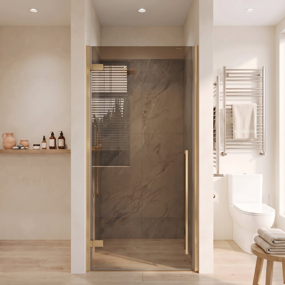 33,9po–34,3po L (largeur ajustable) x 79po H Porte de douche pivotante réversible sans cadre en or brossé avec verre brun teinté