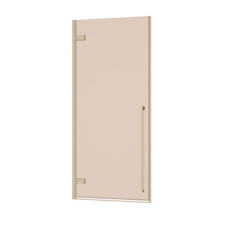 36" x 79" Reversible Pivot Shower Door in Brushed Gold with Brown Tinted Glass and 36" x 36" Glossy White Acrylic Shower Base with Corner Drain