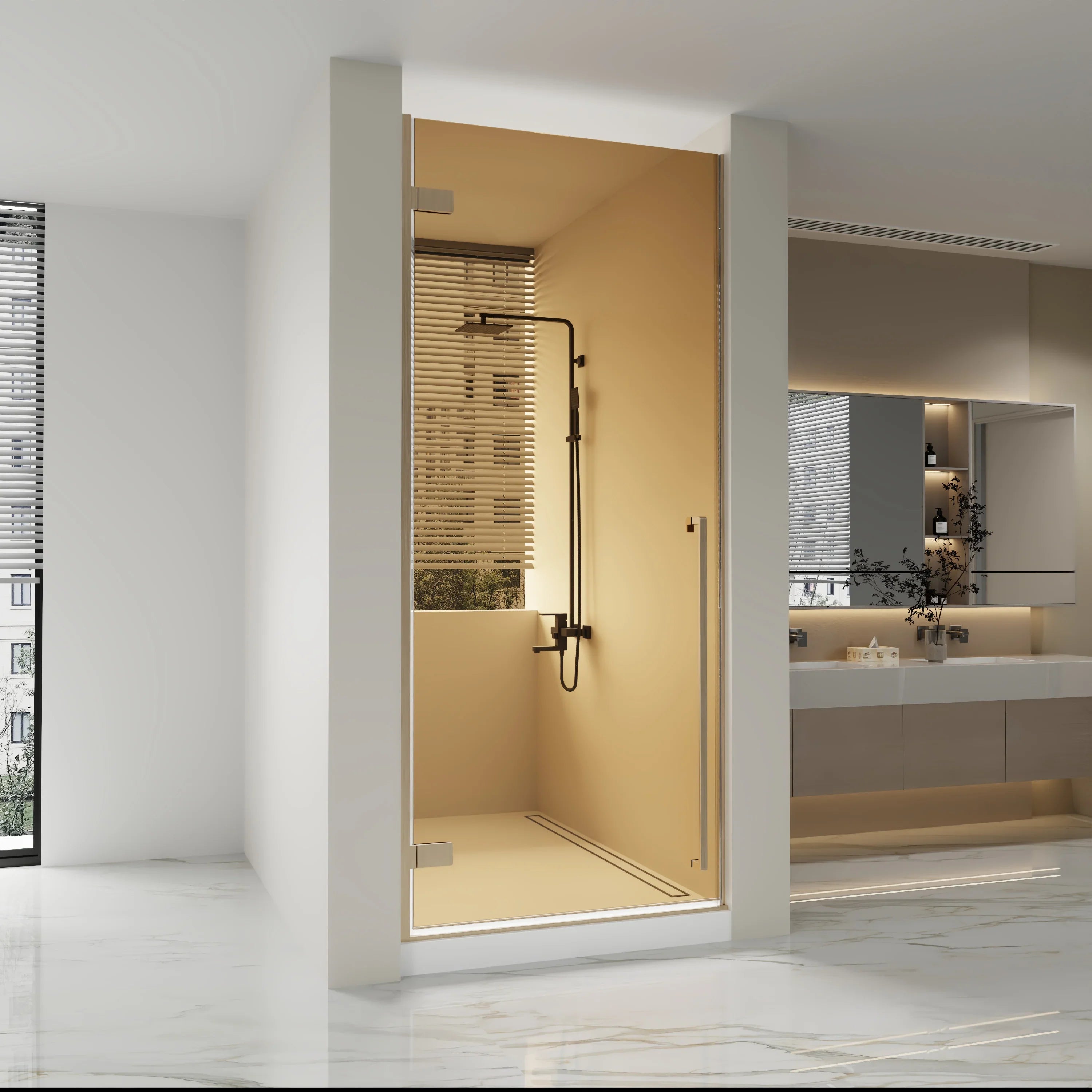 Porte de Douche Pivotante Réversible 36po x 79po Or Brossé avec Verre Teinté Brun